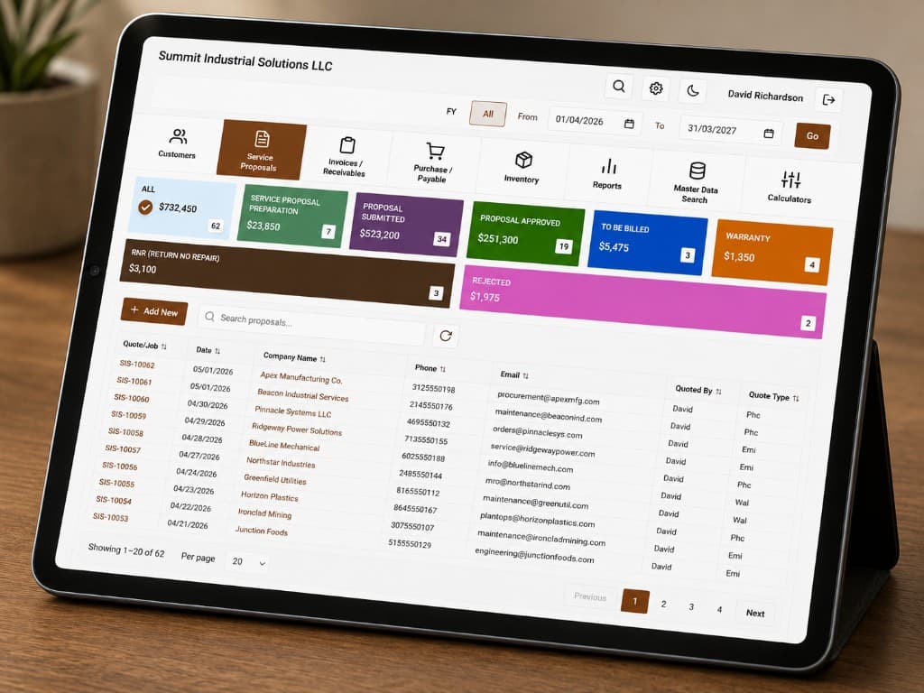 IQMotorBase motor repair shop management software on a tablet showing service proposals, status summary cards, and a searchable job list