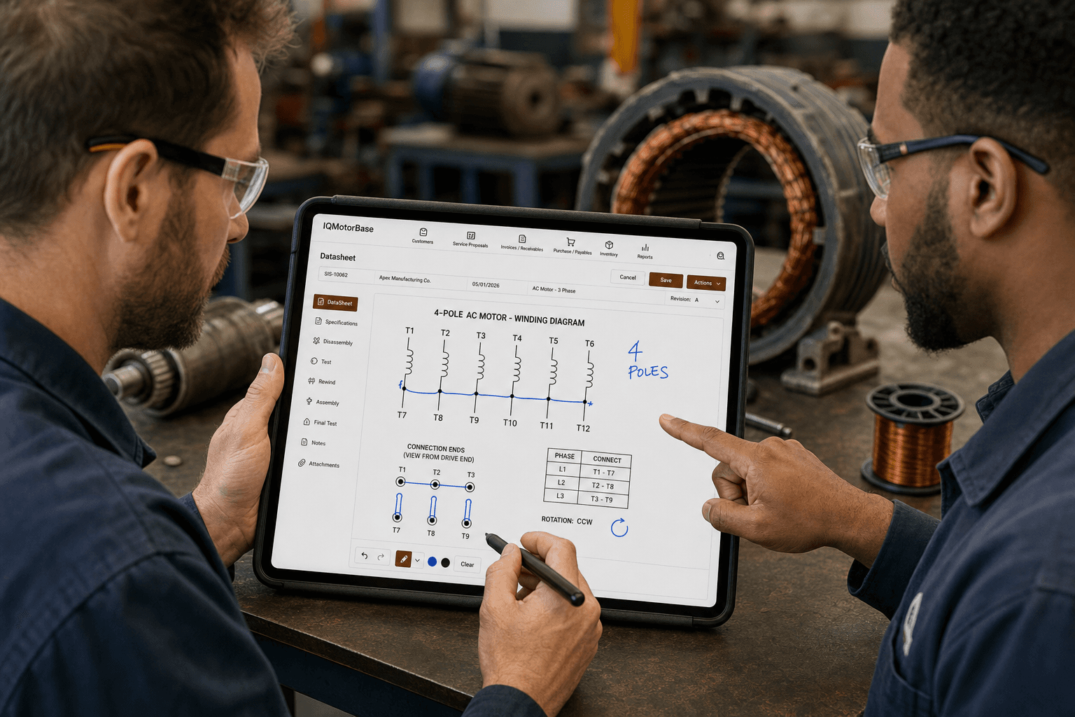 Motor winders drawing a 4-pole motor winding diagram on IQMotorBase shop management software on a tablet in the repair shop