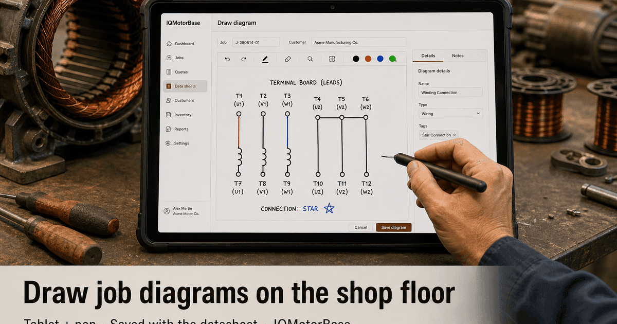 Technician drawing a motor job diagram on a shop tablet with a stylus pen
